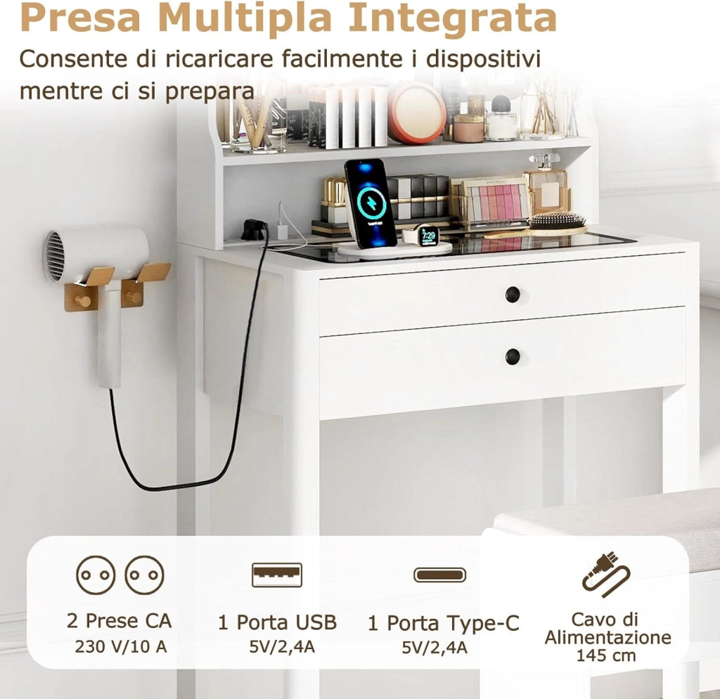 Toeletta Trucco con Luci LED e Sgabello Imbottito, Specchiera con Stazione di Ricarica e Luminosità Regolabile, Set Consolle Trucco con Piano in Vetro Temperato e 2 Cassetti (Bianco)