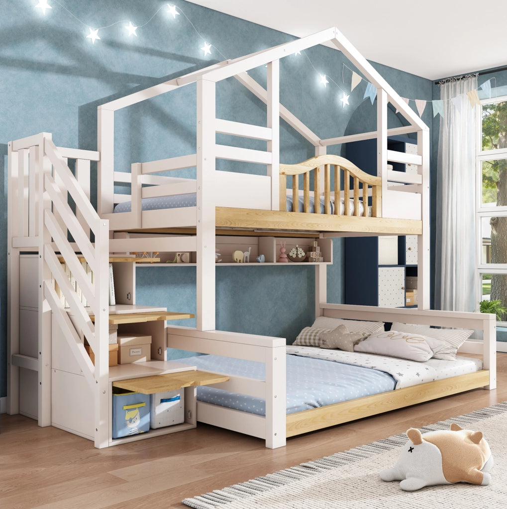 Letto a castello a casetta con scaletta contenitore 90/140x200 cm; bianco e legno