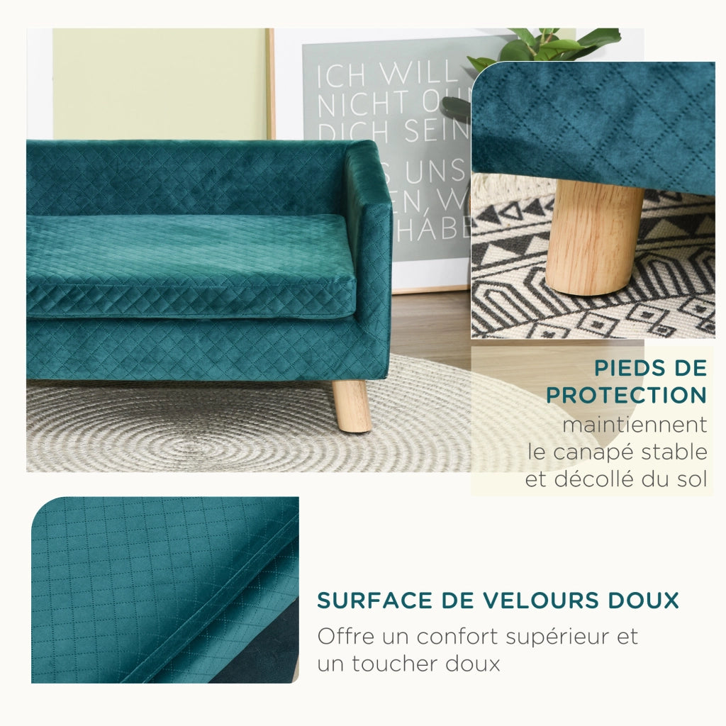 Letto per cane design scandinavo ¨C Xylo ¨C velluto blu con cuscino e piedini in legno massello 64x45x36 cm