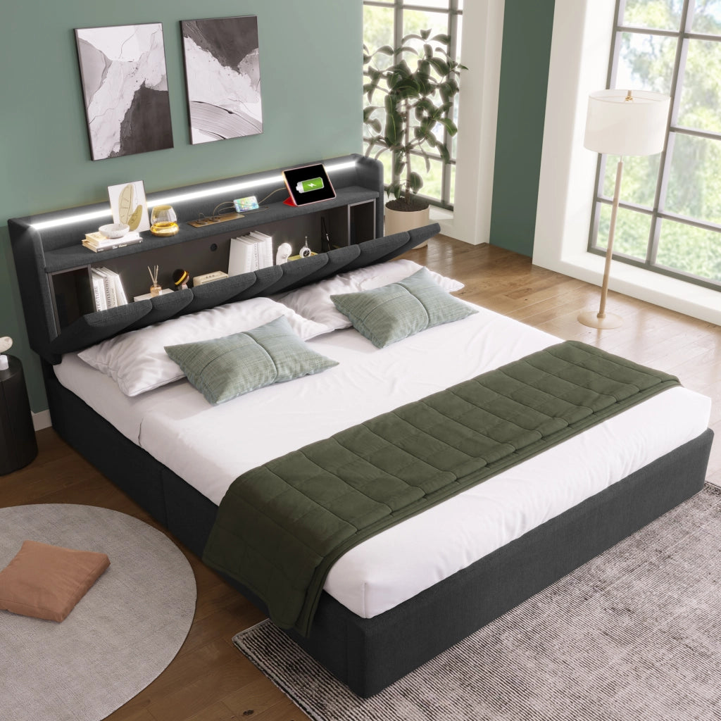 Letti contenitori 140x190 cm; testiera contenitore con prese e USB; lino grigio (Senza materasso)