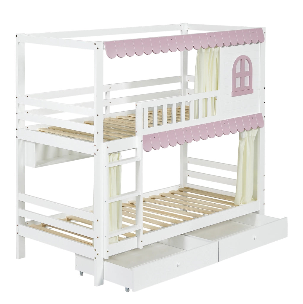 Letto a castello 90x200 cm con cassetti e ripiani in pino e MDF bianco e rosa
