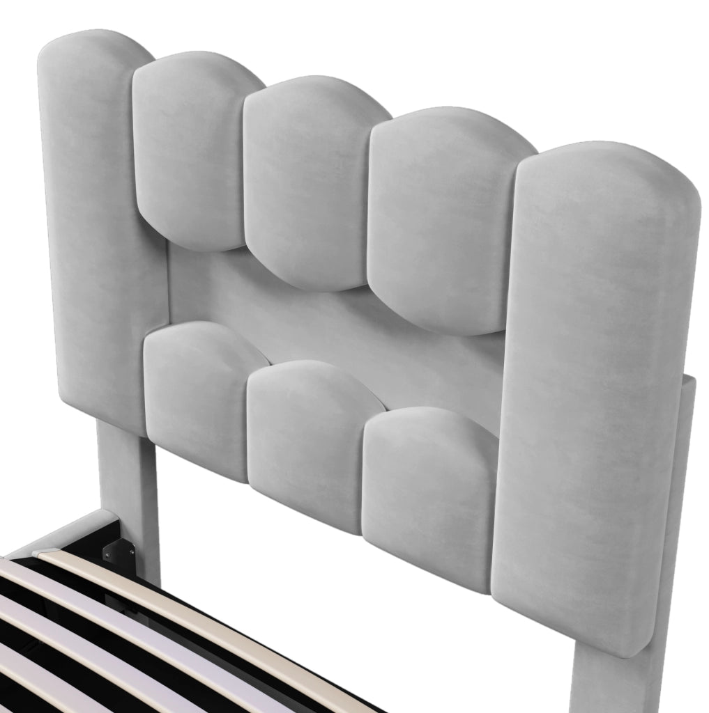 Letto imbottito 90x200 cm con contenitore idraulico; testiera regolabile; LED; velluto grigio