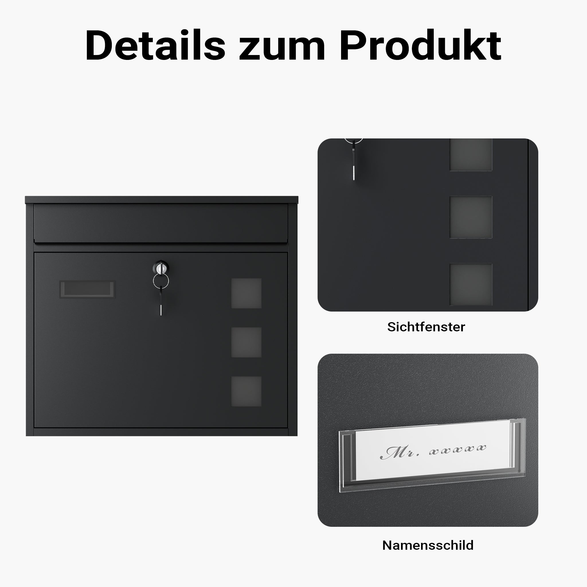 Cassetta postale singola V12 in acciaio verniciato a polvere nero con finestrelle e vetrino portanome