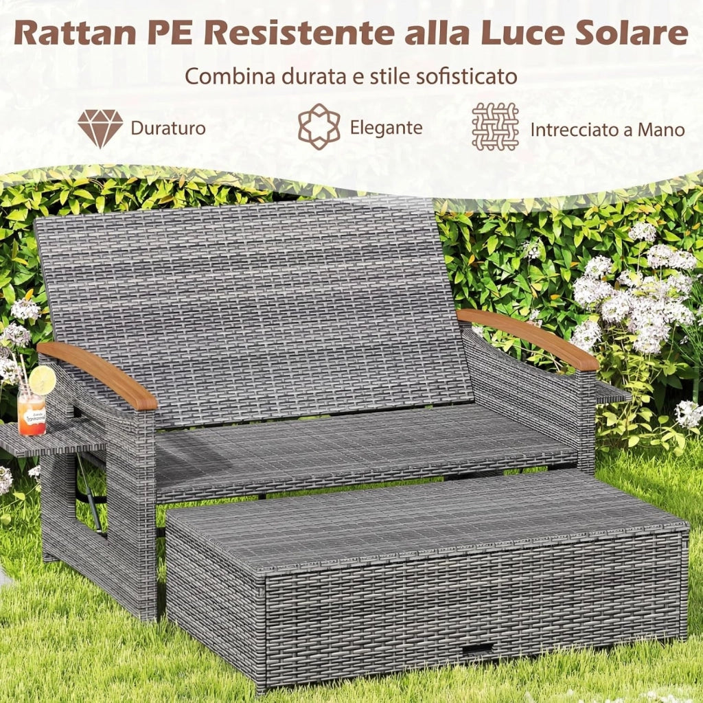 Lettino Prendosle da Giardino con Cuscino per 2 Persone, Divano in Rattan con Panca Contenitore, Schienale Regolabile a 4 Livelli e Vassoi Laterali Estraibili per Balcone e Terrazza