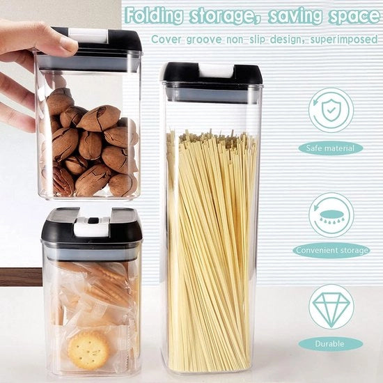 Set di 7 contenitori in plastica BPA-free, con coperchio ermetico, contenitori di conservazione a stappabile, organizzatore, scatola di archiviazione, contenitore per cucina per farina, zucchero, pasta, spaghetti