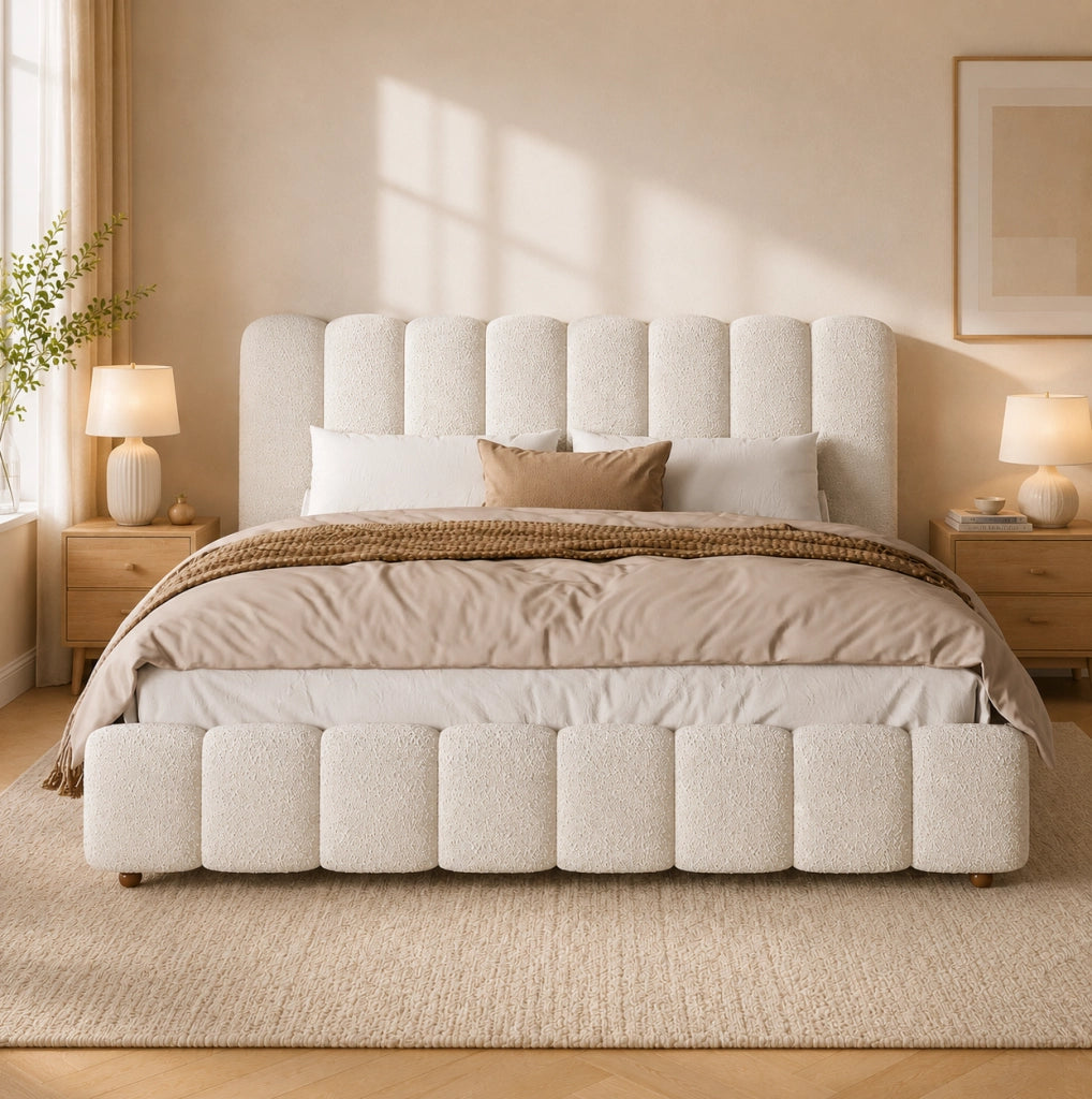 Letto matrimoniale imbottito 180x200 cm in bouclé bianco con rete a doghe