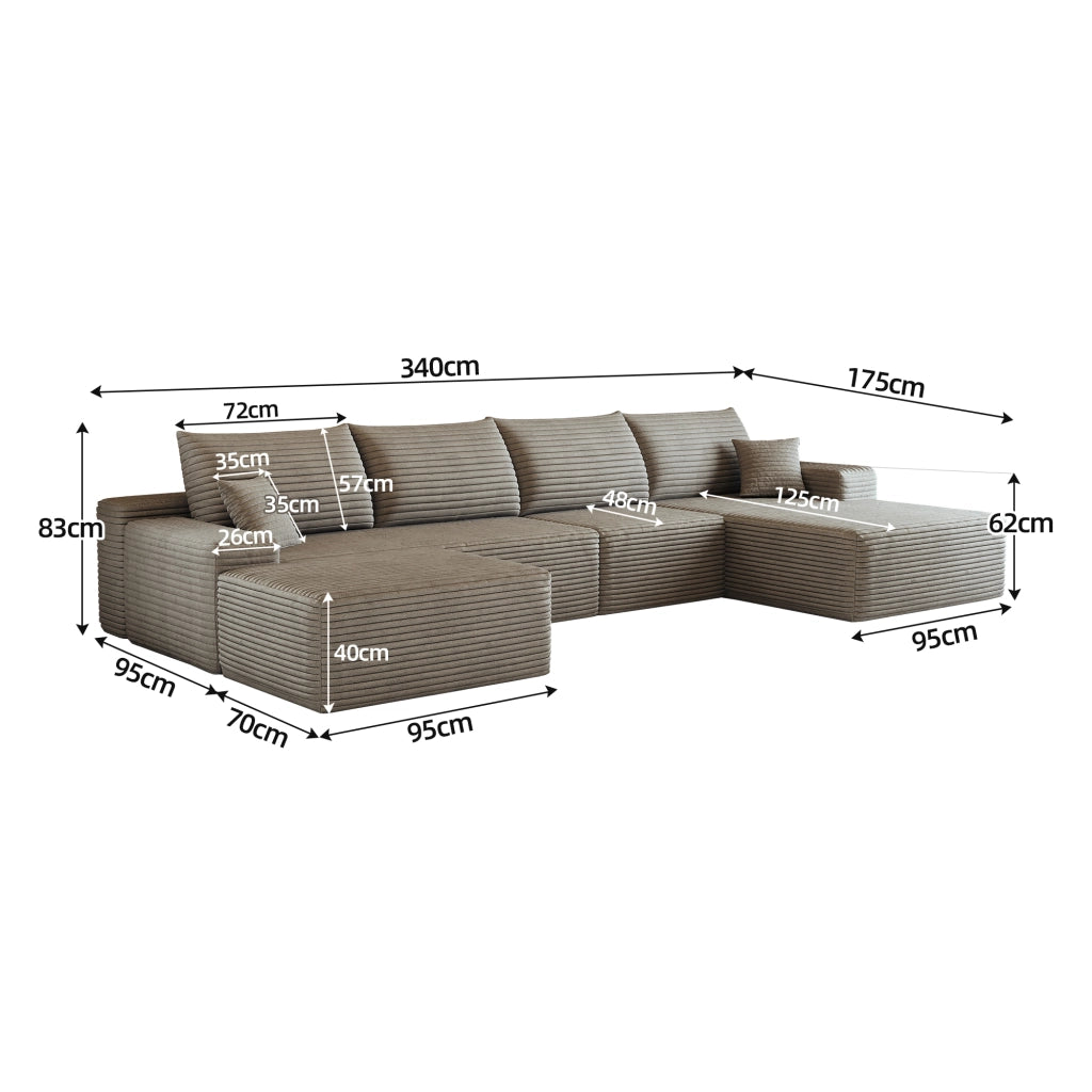 Divano angolare modulare con chaise longue a L in velluto a coste, senza montaggio, schiuma elastica, camel