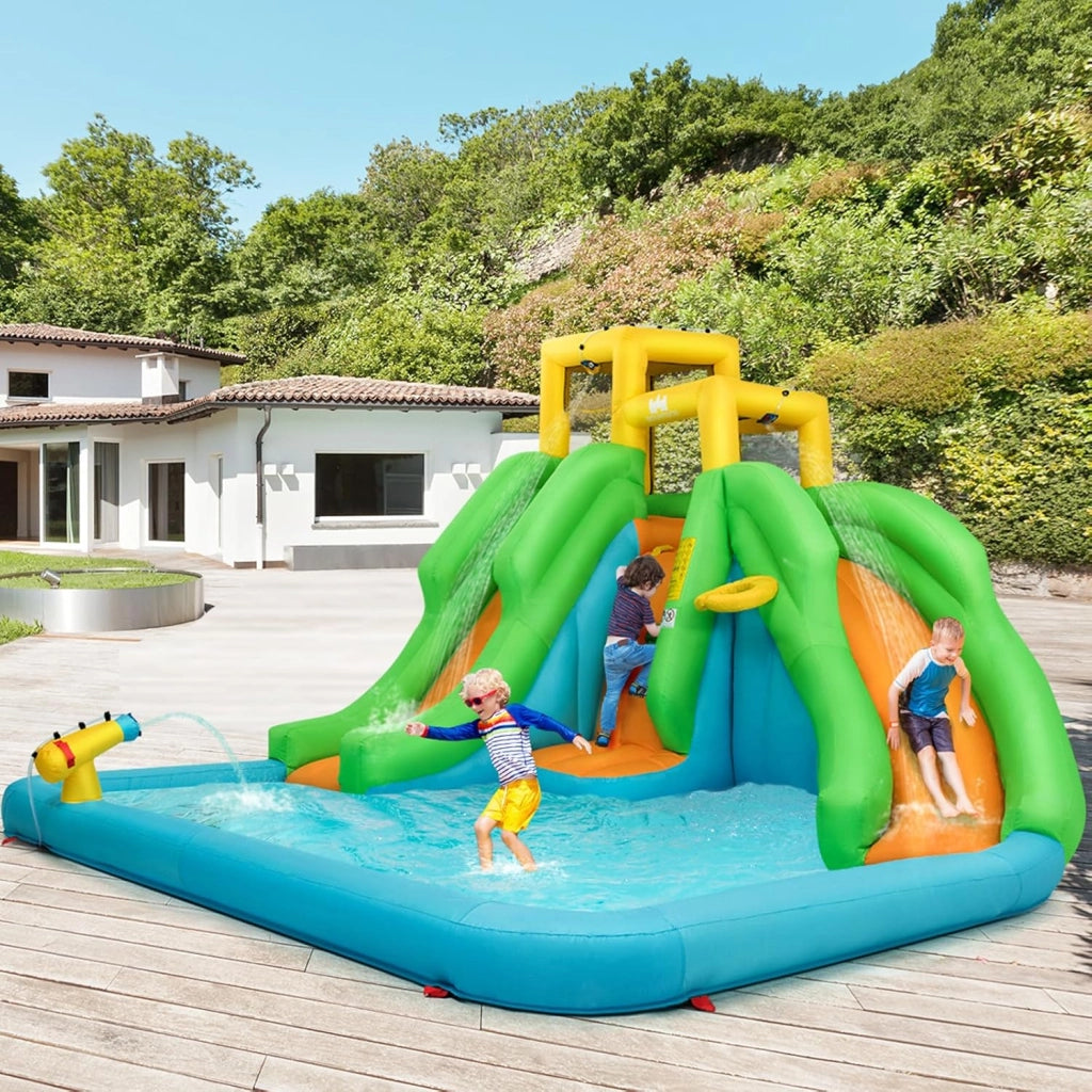Castello Gonfiabile 5 in 1 con Soffiatore da 480W, Parco Acquatico con 2 Scivoli, Piscina, Parete di Arrampicata, Cannone, Cerchio e Palla da Basket, Borsa di Trasporto e Kit di Riparazione