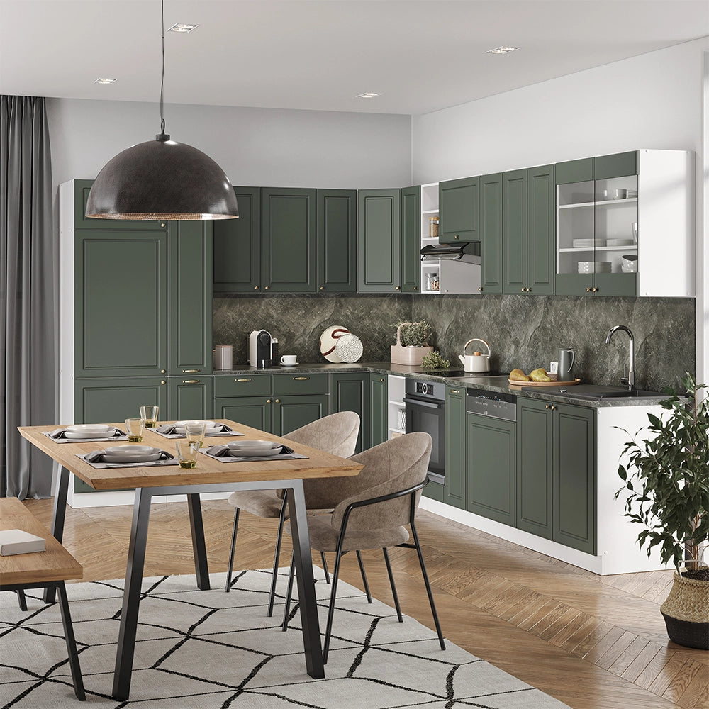 Vicco Cucina angolare completa Verde-oro Country House/Bianco 347 x 257 cm senza piano di lavoro