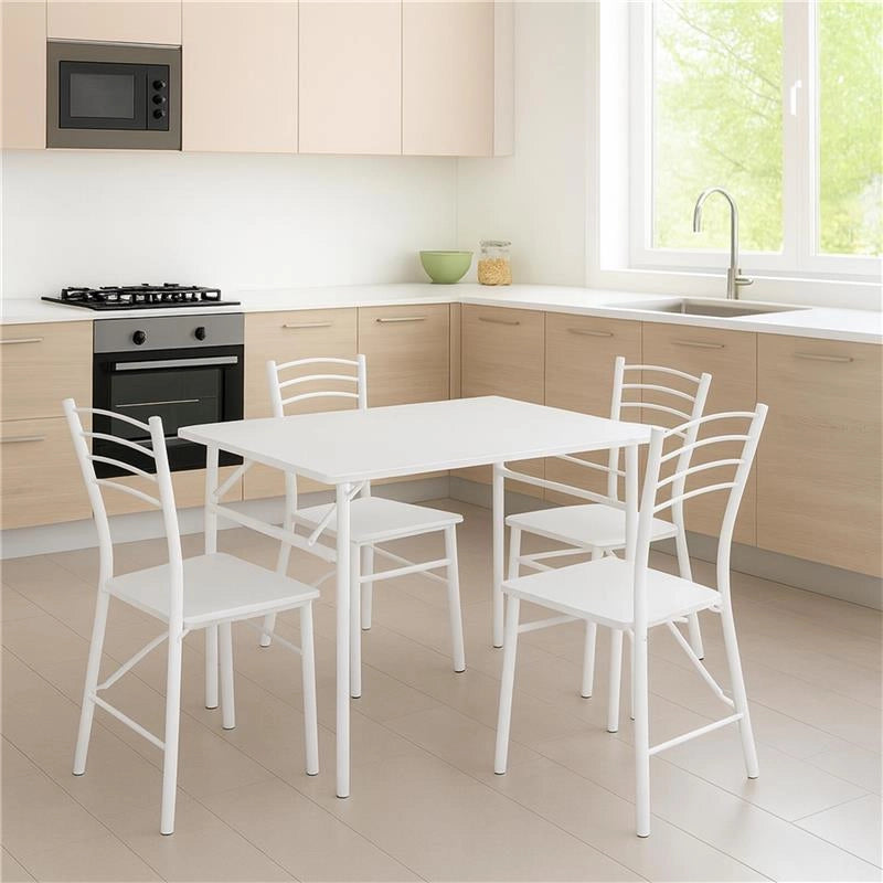 SET EASY CON TAVOLO E 4 SEDIE PIEGHEVOLI COLORE BIANCO, STRUTTURA IN METALLO E SEDUTA IN LEGNO