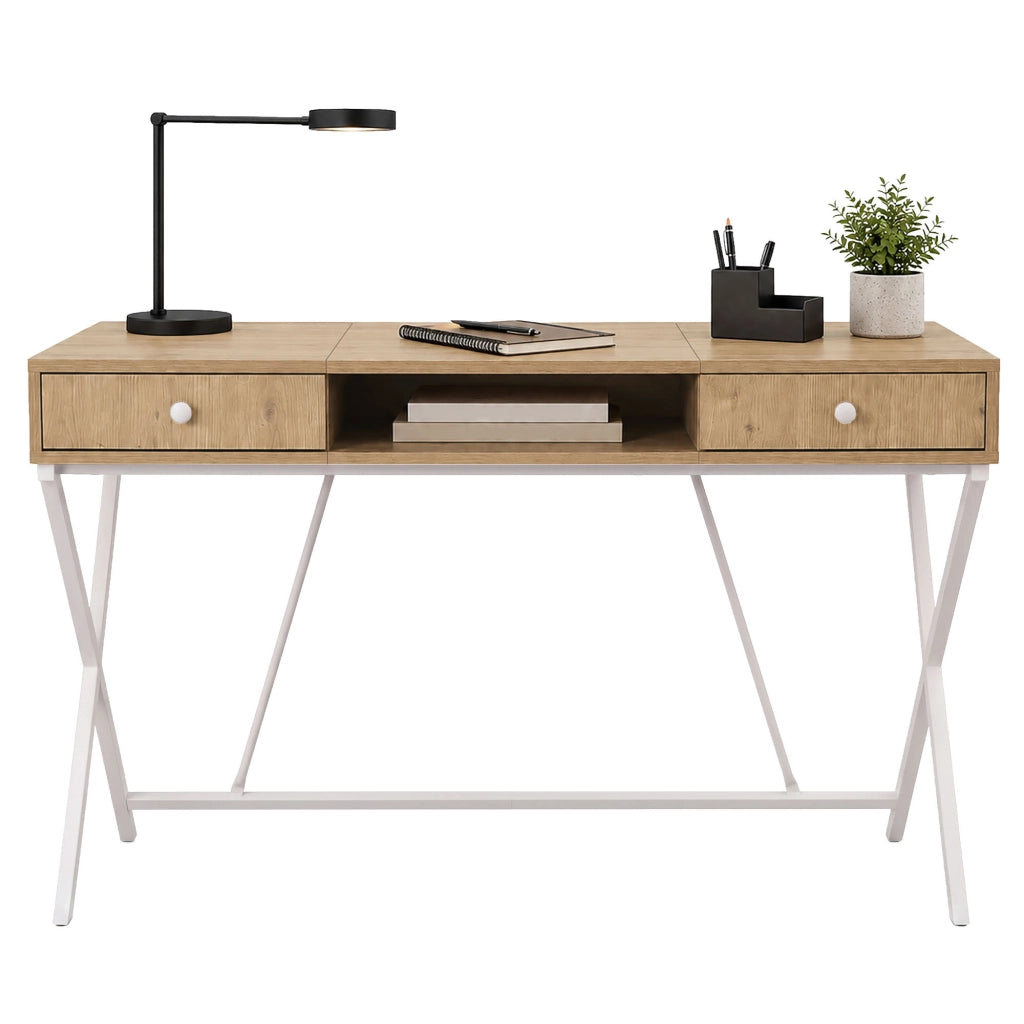 Scrivania PC industriale Rovere Artisan CROSSLINE 120 cm 2 cassetti 1 ripiano gambe bianche