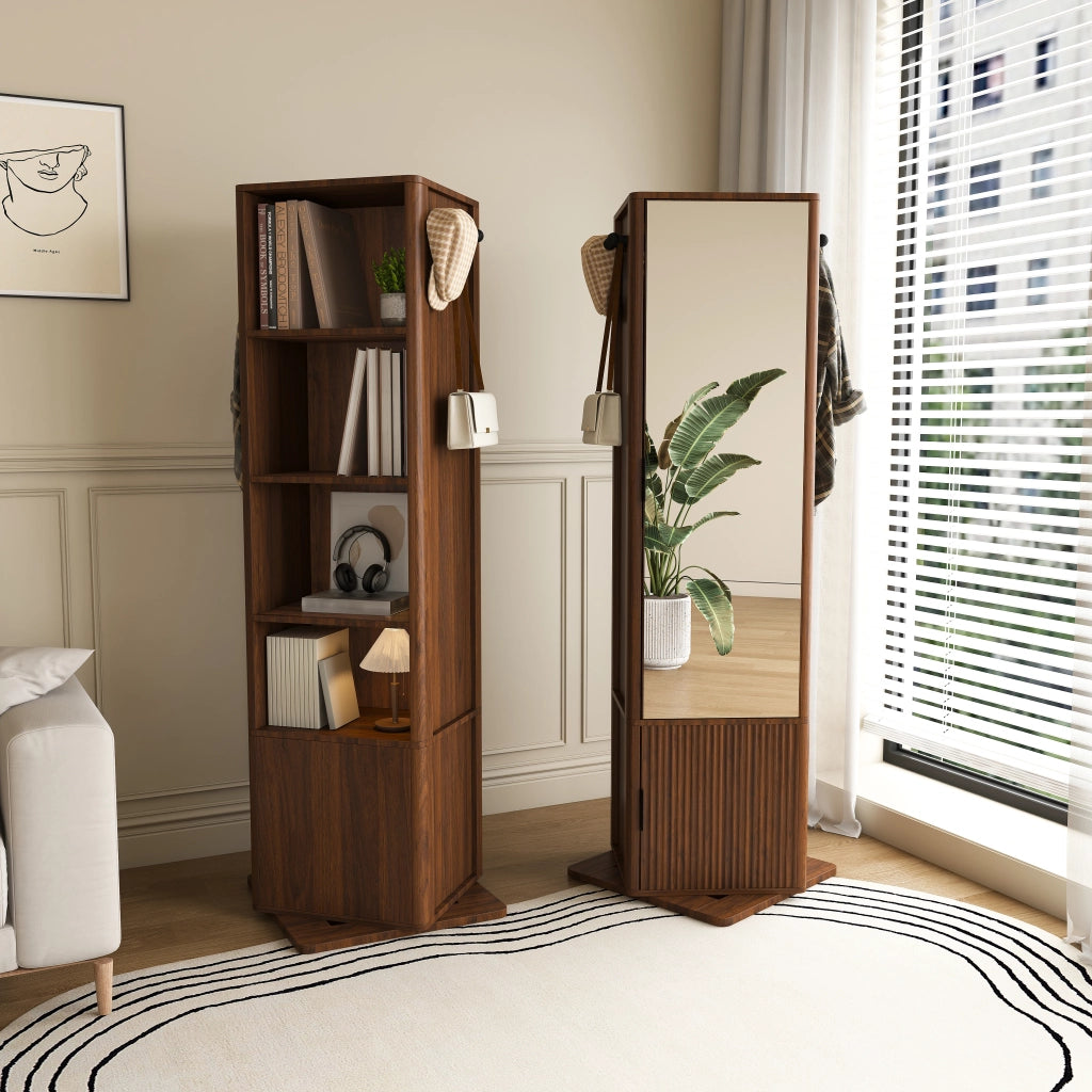 Mobile con specchio 4 in 1 girevole a 360 gradi con 6 ganci e ripiani aperti per camera da letto; in MDF; noce; 50×50×170 cm
