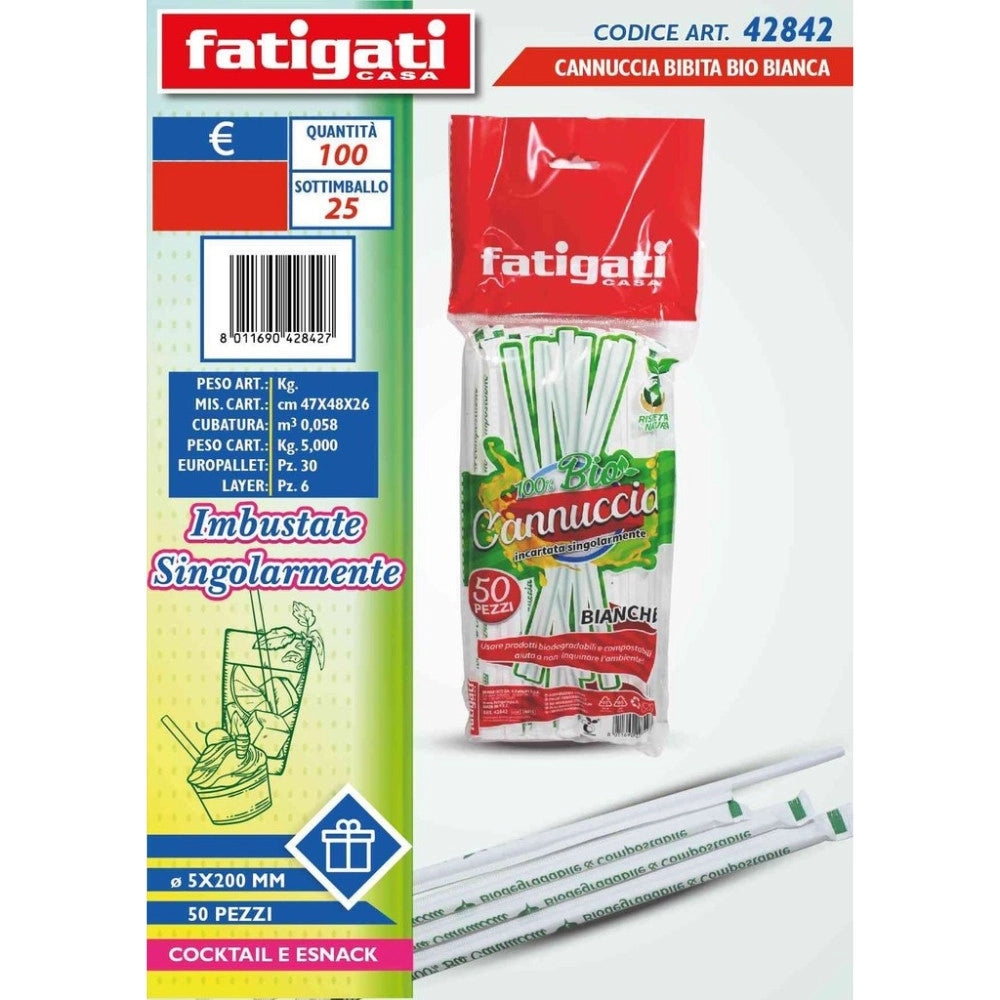 Trade Shop - Cannucce Bio Bianche Imbustate Singolarmente 5x200 Mm 50 Pezzi Cocktail Snack -
