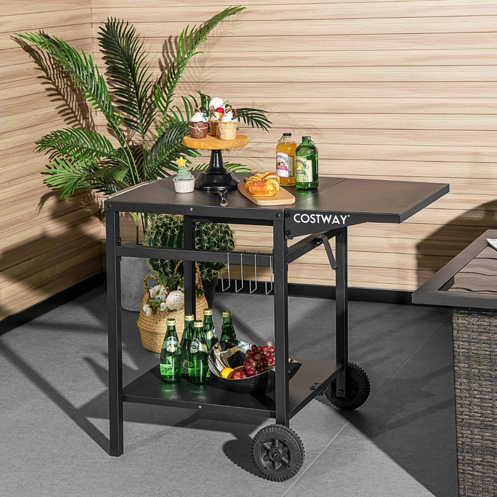 Carrello da pranzo con 4 ganci 2 ruote direzionali, Carrello di preparazione per forno da pizza e barbecue Nero-Carrelli