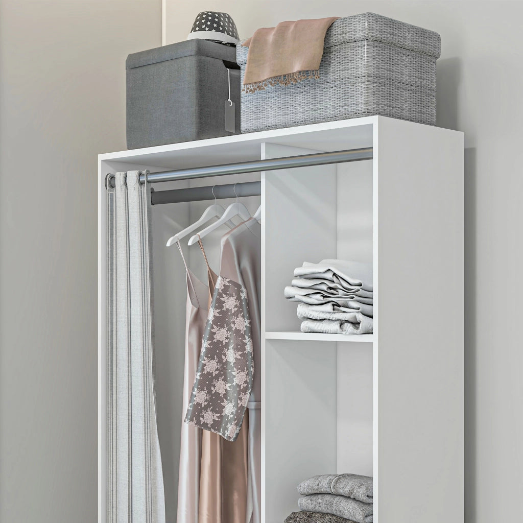 Armadio Guardaroba 105x48x160 cm con Barra Appendiabiti Ripiani e Cassetti in Legno e Tessuto Bianco e Grigio