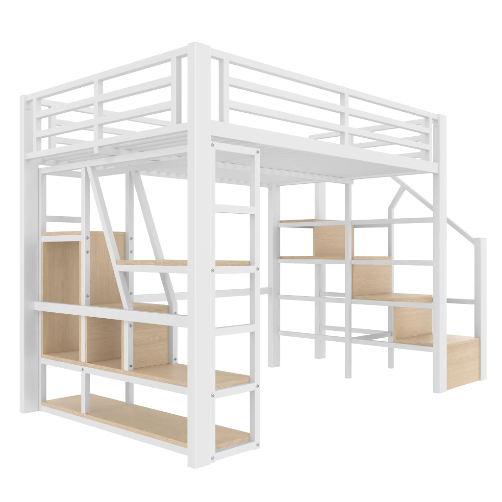 LETTO a soppalco 140 x 200 cm metallo e MDF bianco con LED