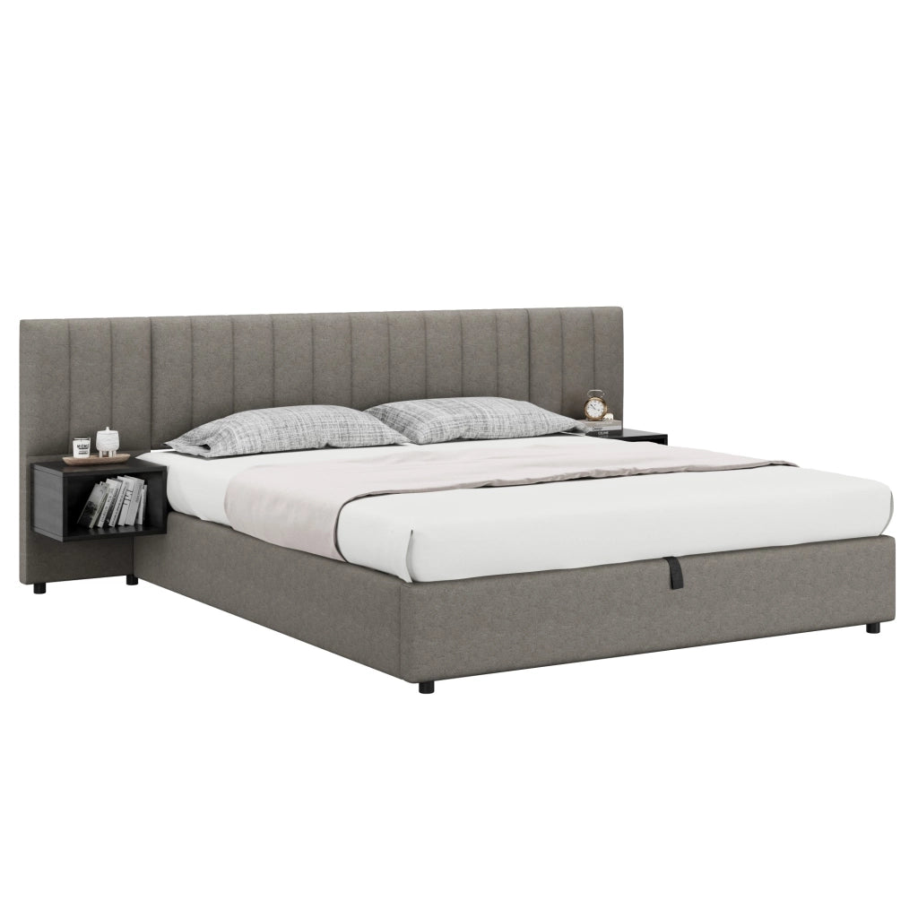 Letto imbottito 180x200 cm con contenitore idraulico e 2 comodini, rete a doghe in legno, lino grigio e nero
