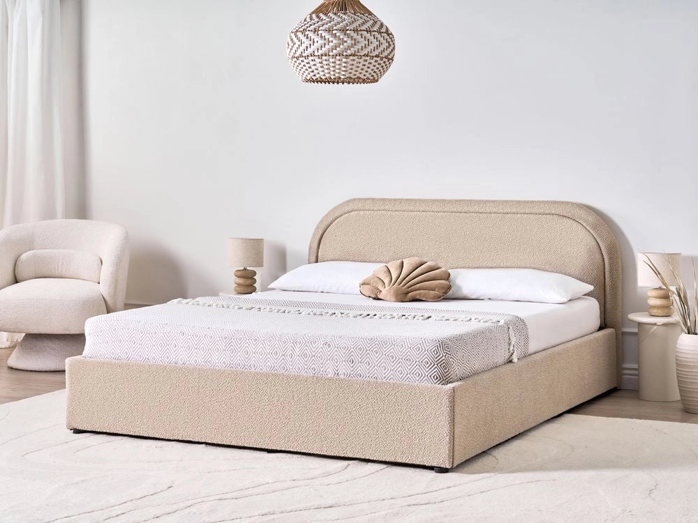 Letto moderno con contenitore e testata imbottita in bouclé beige chiaro 160 x 200 cm