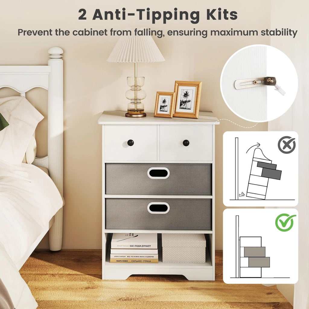 Cassettiera con 4 cassetti, armadio camera da letto, 3 armadietti semi-aperti e 2 cassetti rimovibili, mobile portaoggetti dispositivo anti-ribaltamento, per soggiorno, ufficio, 58 x 42 x 75
