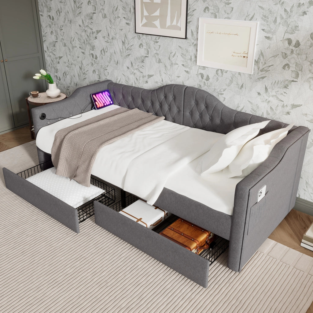 Letto da giorno imbottito in lino con 2 cassetti; USB e Type-C; 90x190 cm; grigio
