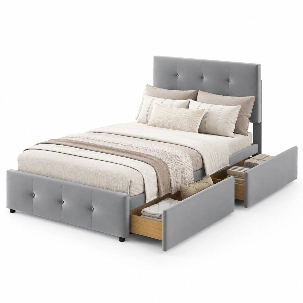 Letto imbottito classico 90x200 cm in velluto grigio con testiera e cassetto contenitore