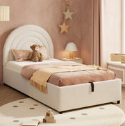 Letto singolo 90x200 cm con contenitore idraulico; tessuto bouclé beige