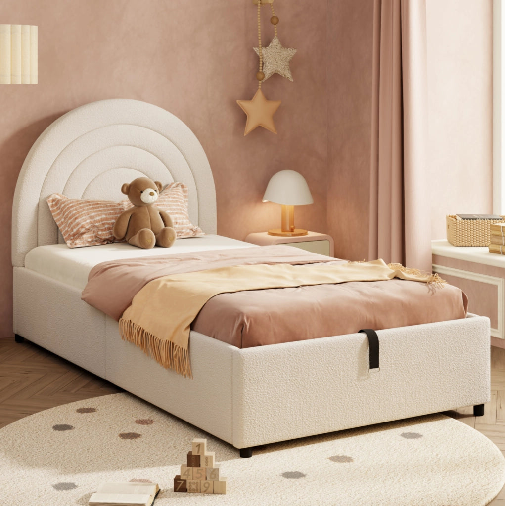 Letto singolo 90x200 cm con contenitore idraulico; tessuto bouclé beige