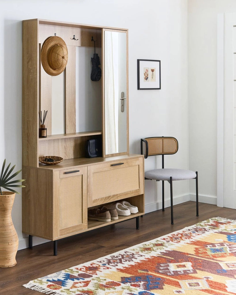 Mobile da ingresso con scarpiera a specchio L 112 cm A 179 cm Armadio Appendiabiti Truciolato Marrone Chiaro