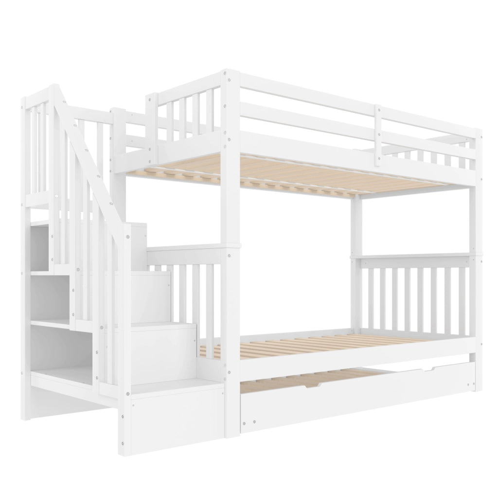 Letto a castello 90x200 cm con letto estraibile e scala con scaffali