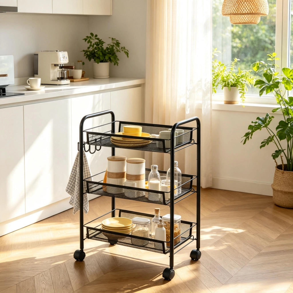 CARRELLO A 3 RIPIANI 45x26,5x63 cm Acciaio Nero con 4 ruote bloccabili