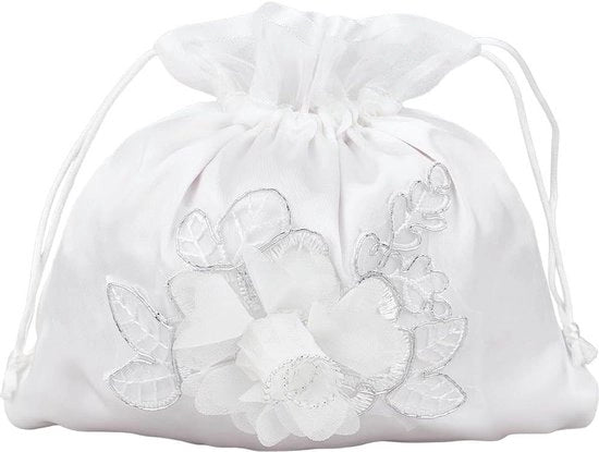 Borsa da Sposa con Fiori Bianchi - Borsa in Satin per Matrimonio - Portafoglio in Satin con Borsa per Soldi