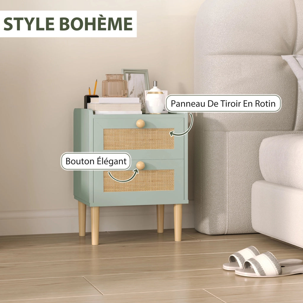 Comodino con 2 cassetti effetto rattan naturale ¨C Xylo ¨C legno verde oliva 39,8x30x52,5 cm