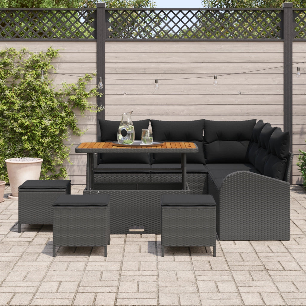 Set Divano da Giardino 9 Pezzi con Cuscini Nero Polyrattan Acacia