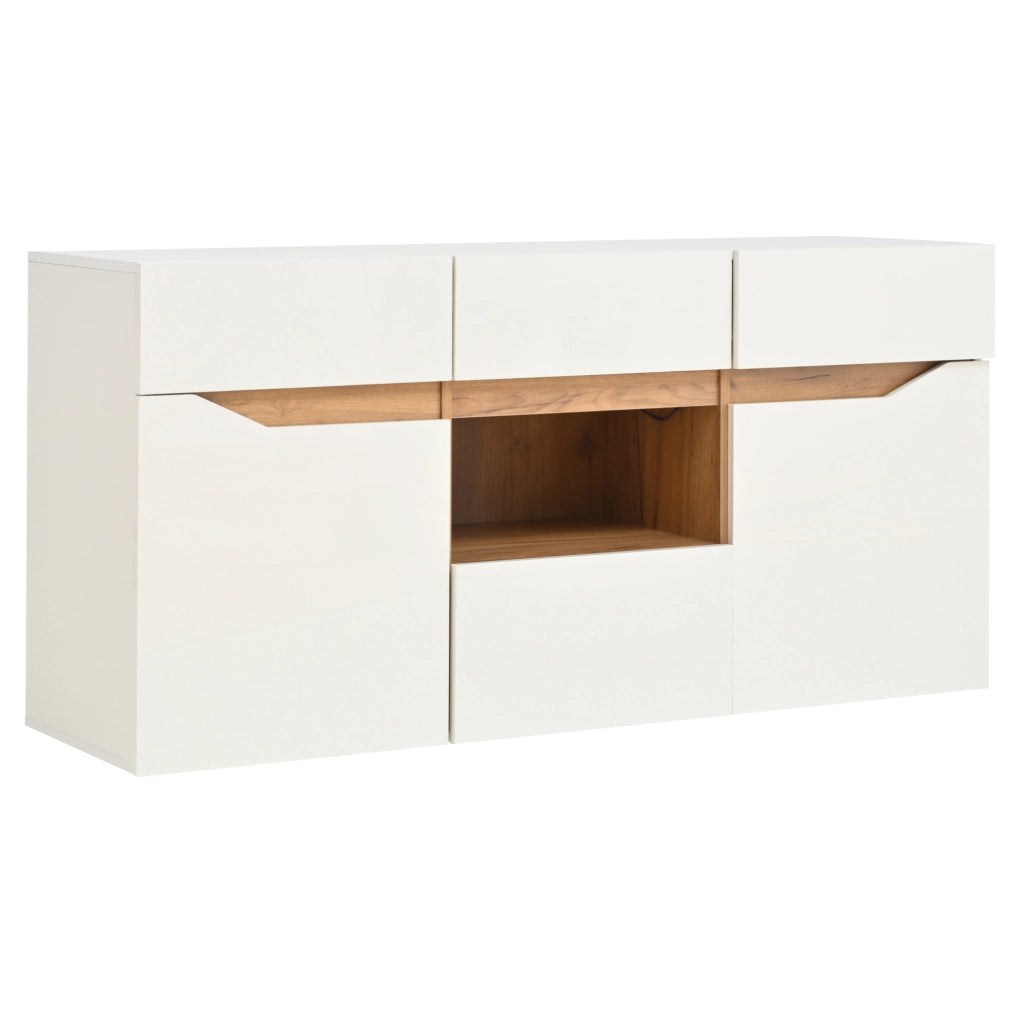 Madia ULEVR 140x40x70 cm con 4 cassetti, 2 vani, area semiaperta e LED USB, bianco e effetto legno