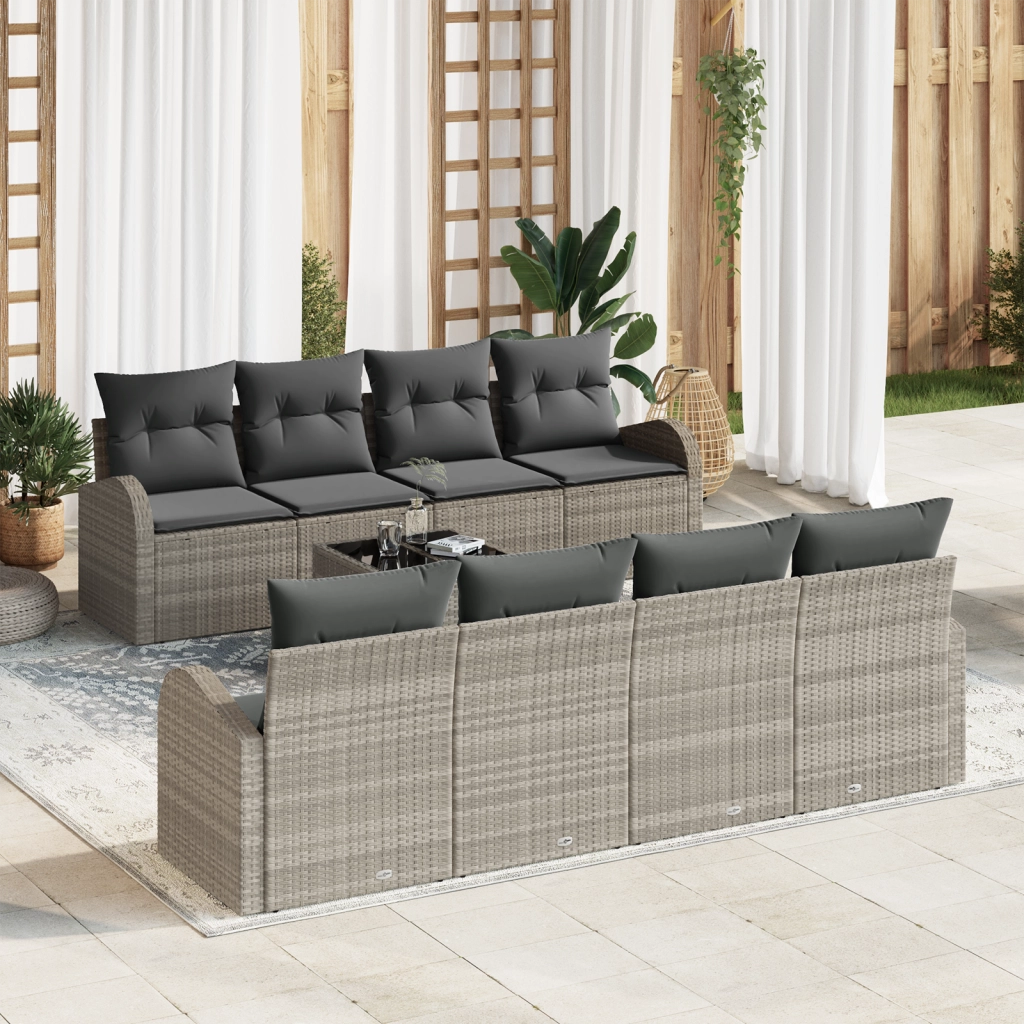 Set da giardino di 9 pezzi con cuscini grigio chiaro in polyrattan