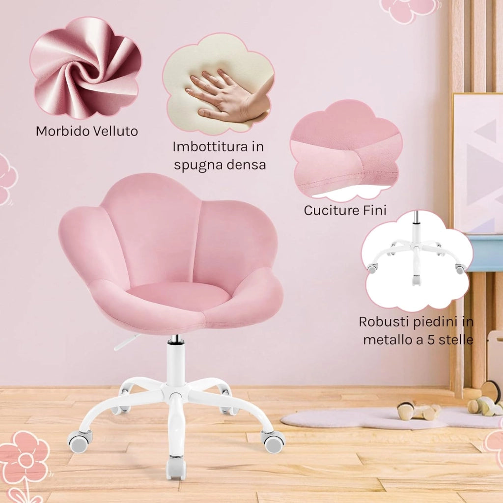 Sedia da Scrivania per Bambini, Sedia Ufficio Ergonomica Girevole e Regolabile in Altezza con Rotelle, Seduta a Forma di Fiore per Studio, Camera da Letto, Velluto, Rosa Pastello