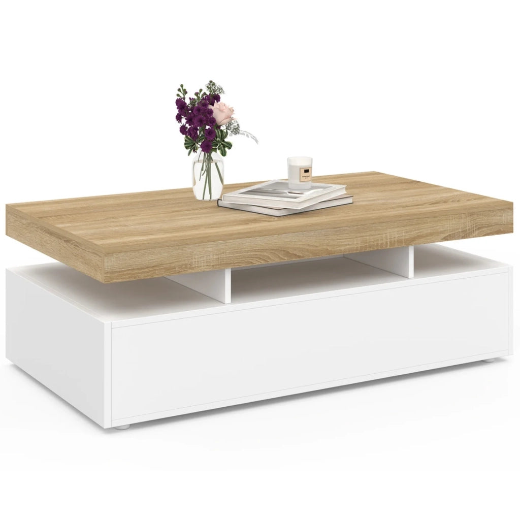 IDMarket - Tavolino rettangolare a 2 cassetti ELSA in legno bianco con piano in faggio