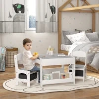 Set Tavolino per Bambini e 2 Sedie, Piano del Tavolo 3 in 1 con Lavagna e Contenitori, Grigio