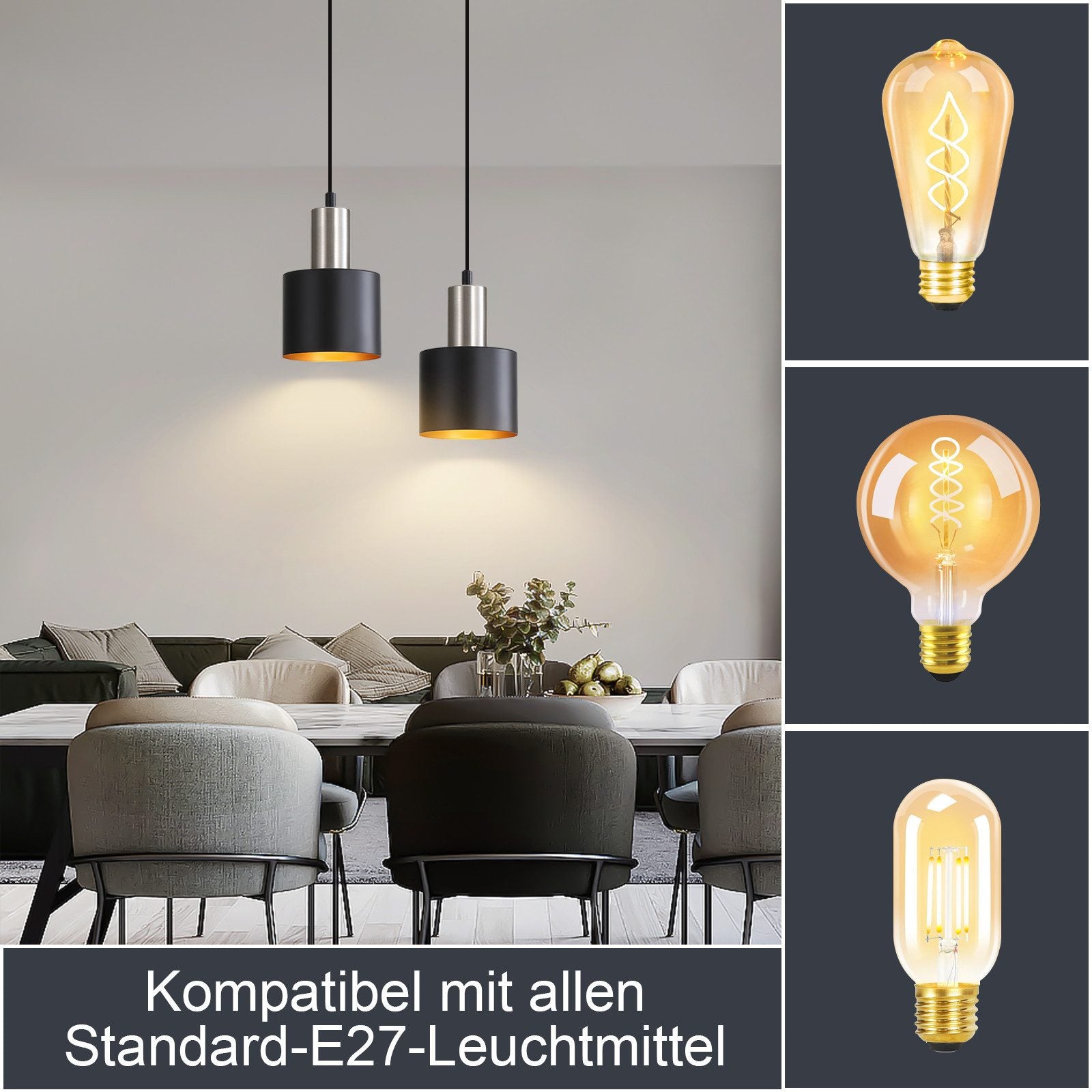 Lampada a sospensione ZMH da tavolo da pranzo E27 lampada a sospensione vintage 2 lampadine oro nero