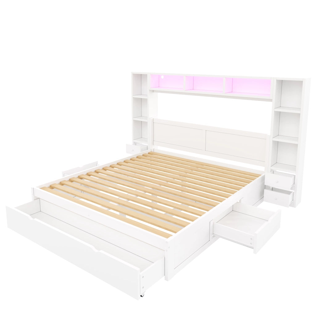 Letto contenitore 140x200 bianco con 7 cassetti; testiera libreria e luce LED