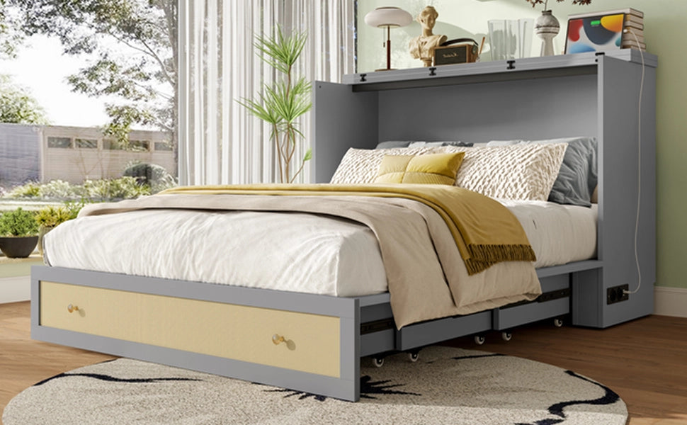DESMIU Letto combinato 2 posti con cassetto, USB e presa, 140 × 200 cm, senza materasso, MDF, grigio