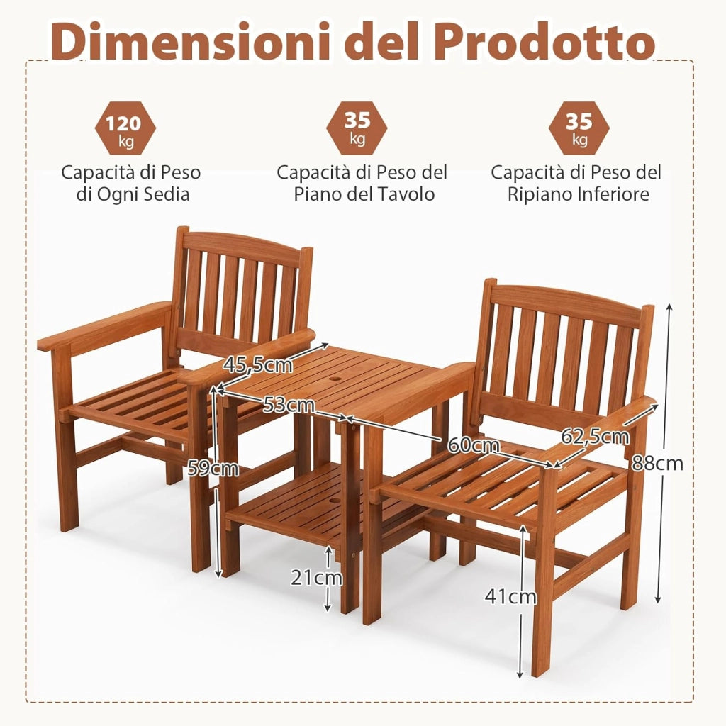 Set di 3 Pezzi da Giardino, Tavolino e 2 Sedie da Patio in Legno, con Foro per Ombrellone, Set di Mobili da Esterno a 3 Pezzi per Giardino, Tavolino Portato 35 kg, Sedia Portata 120 kg