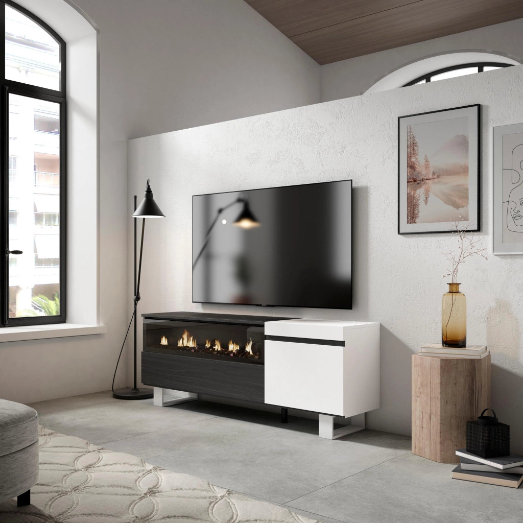 Mobile TV Soggiorno, 150x35x57cm, Per TV fino a 65", Camino elettrico, Design industriale, Bianco e nero RF2443