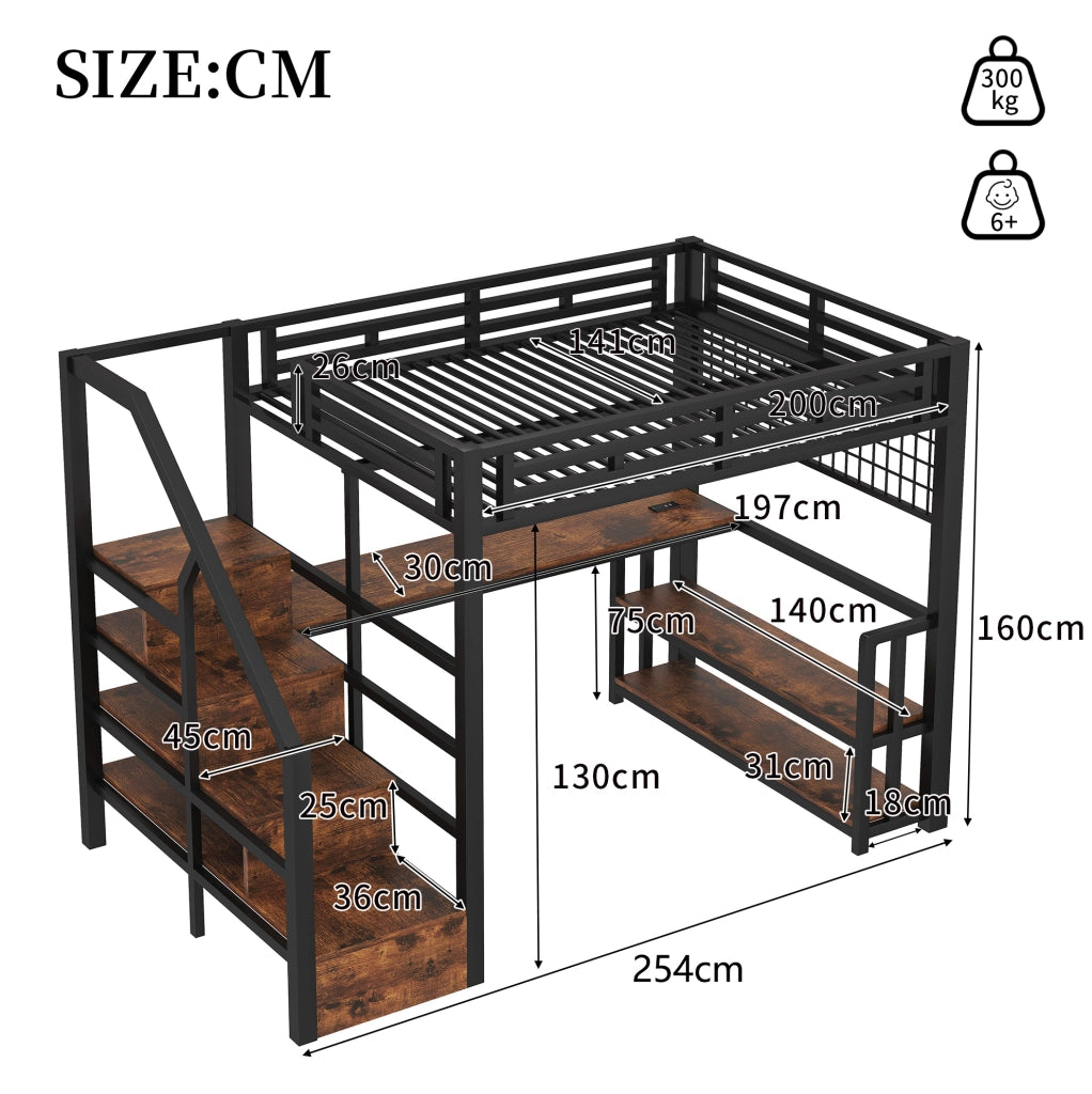 Letto a soppalco 140x200 cm con scrivania, LED e prese USB