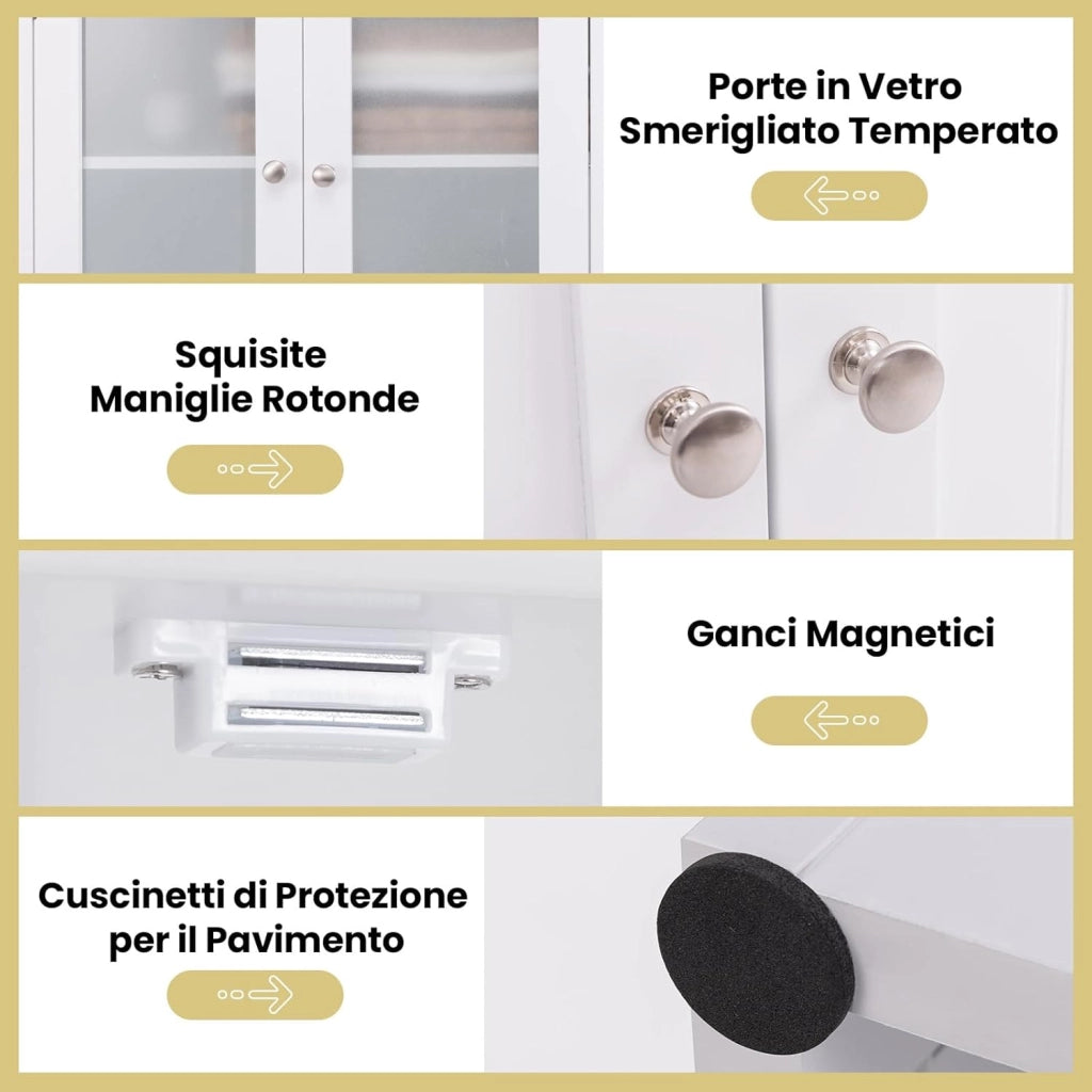 Armadietto Salvaspazio 60 x 30 x 164cm, Mobile Bagno con Scomparti Aperti, Ripiani Regolabili e 2 Porte in Vetro Temprato, Armadio da Bagno per Ufficio, Soggiorno e Camera da Letto (Bianco)