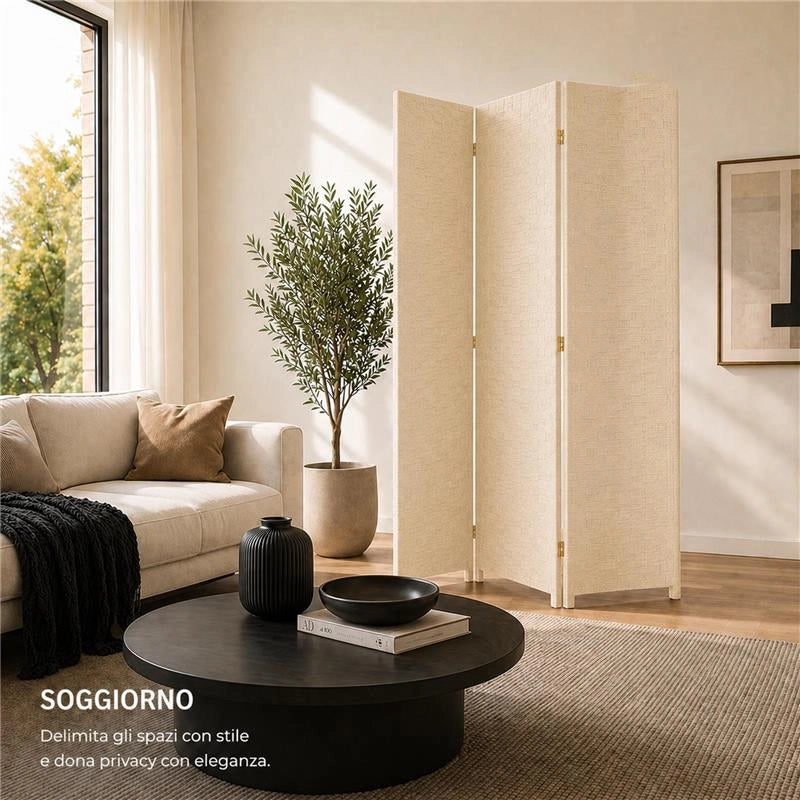 SEPARE' CON TRE PANNELLI IN PLASTICA BEIGE CON STRUTTURA IN LEGNO MISURE: 180X135CM