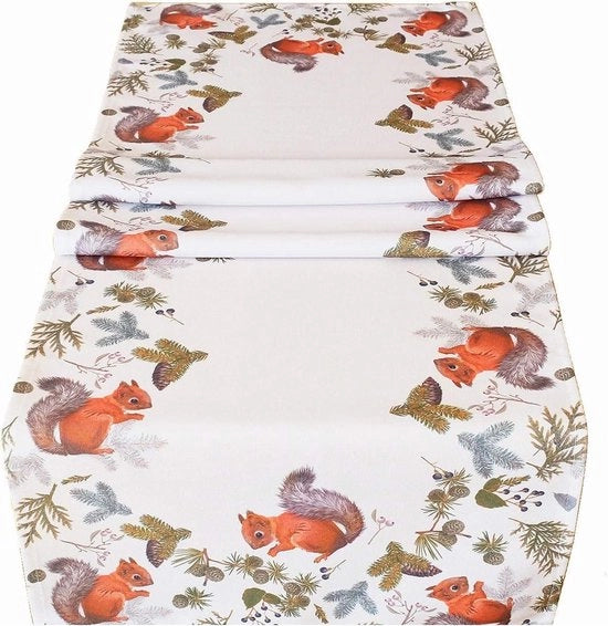 Tavolo da pranzo 40x140 cm in tessuto quadrato di alta qualità, decorazione per tavola autunno, tessuto lavabile a macchina, motivi d'albero e scoiattolo.