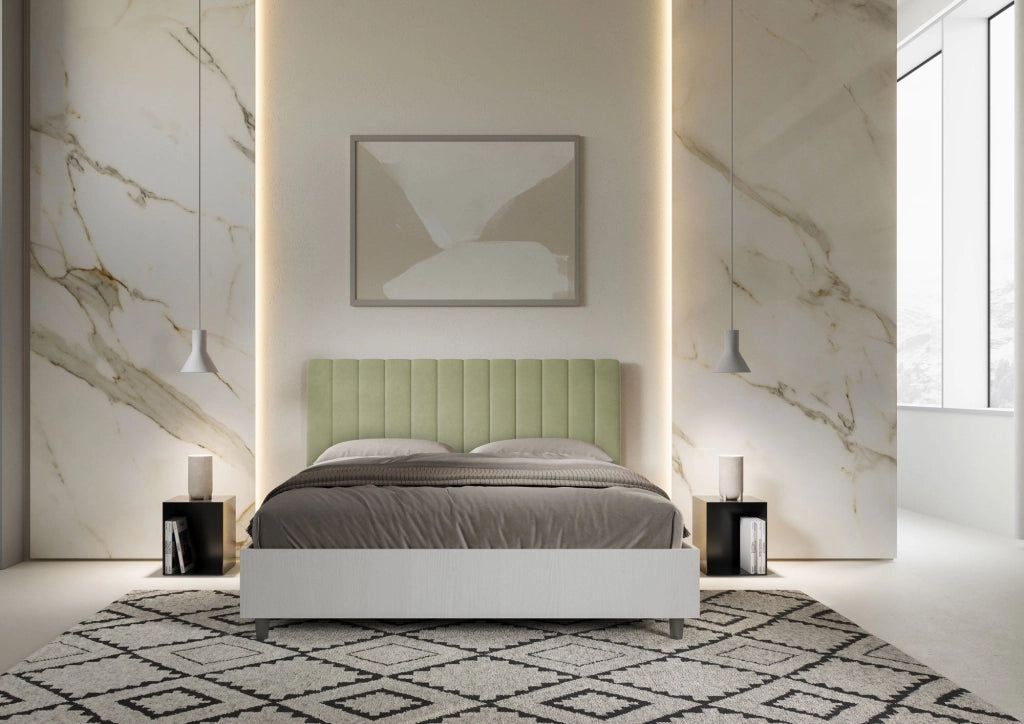 Letto matrimoniale con rete 160x190 bianco frassino testata microfibra blu Kaia