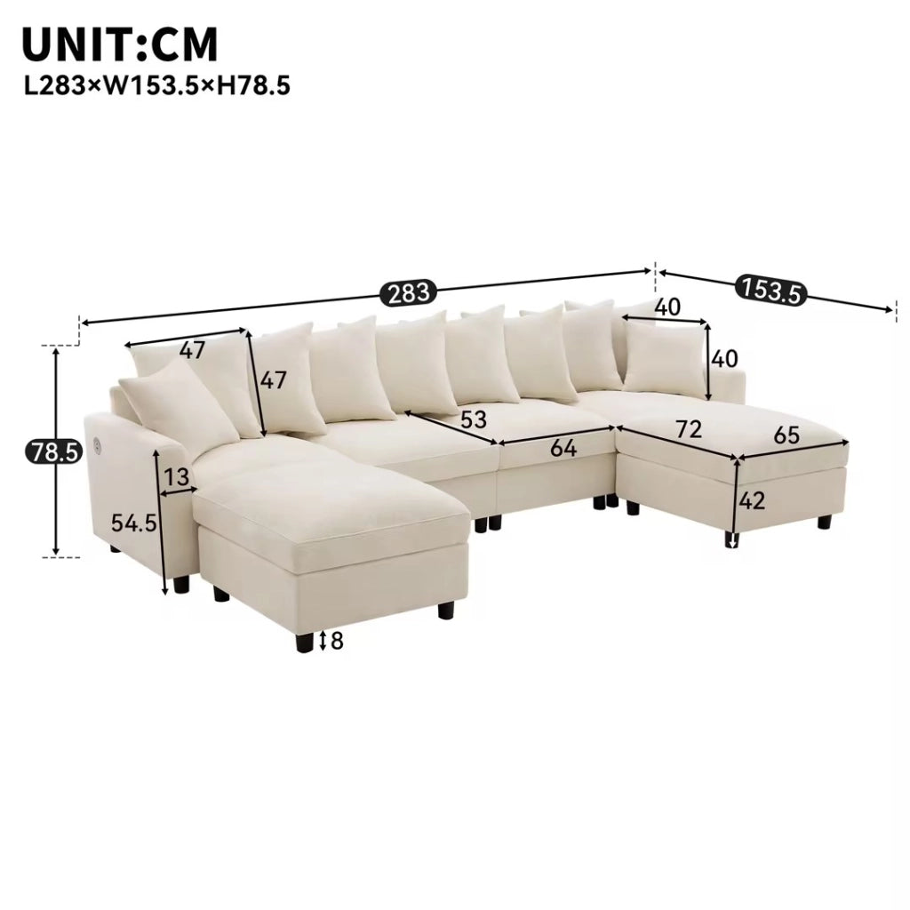 SOFA Modulare a U/L 6 posti 283x153,5x78,5 cm Chenille Beige con 2 pouf