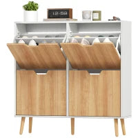 Scarpiera Stretta con 4 Cassetti Pieghevoli e Ripiani Regolabili per 16 Paia 95x26x95 cm Naturale e Bianco